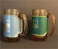 Vintage Yellow Glass Mugs with Leather Wraps