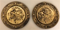 pair of brass tone metal stamped plates 9 1/2" dia