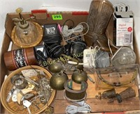 Brass bells, boot , cords, basket & misc.