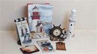 8 LIGHTHOUSE PLACE CARD HOLDERS, NAUTICAL CLOCK AN