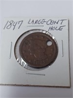 1847 Large Cent Coin w/ Hole