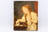 Antique Painting of Girl and Dove