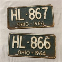 2- 1964 Ohio License Plate White & Green