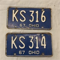 2- 67' Ohio License Plate White & Blue