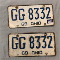 2- 69' Ohio License Plate White & Blue 8332