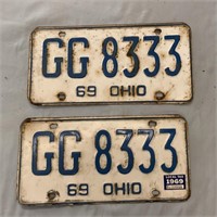 2- 69' Ohio License Plate White & Blue 8333