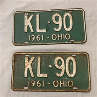 2- 1961 Ohio License Plates White & Green