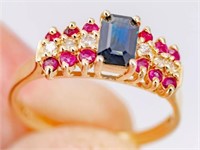 14k Gold Blue Sapphire, Ruby & Diamond Ring