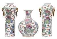 (3) CHINESE FAMILLE ROSE ENAMELED PORCELAIN VASES