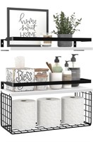 Rustic themed floating wall shelves with basket