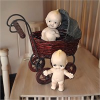 2 Vintage Kewpie's w/ Wicker Baby Carriage