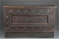 Large Continental carved walnut chest. 17th c.