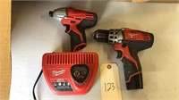 Milwaukee impact driver, drill, 2 batteries,