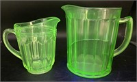 Uranium Glass Pillar Optic Pitchers, 5x4x6in and