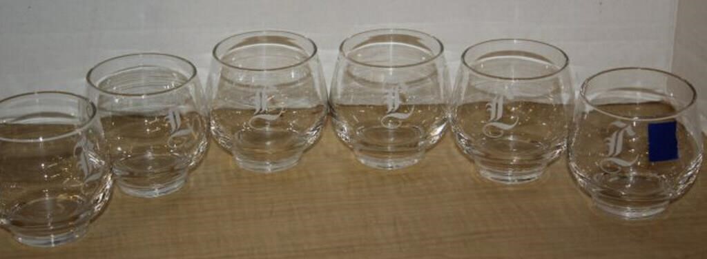 SET OF 6 ETCHED "L" LOW BALL GLASSES