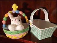 2 Ceramic Easter Baskets and Bunny Plush