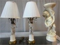 Pair Bisque 3 Graces Lamps ASIS, Cherub Stand