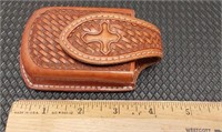 Genuine hand tooled leather tool case. Velcro