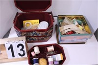 Sewing Box W/ Contents - Tin W/ Thread And Needles
