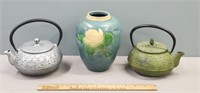 2 Japanese Iron Kettles & Pottery Vase