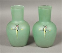 2 Green Glass Vases with Painted Parrots