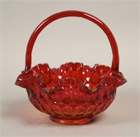 Fenton Dark Red Glass Ruffled Basket