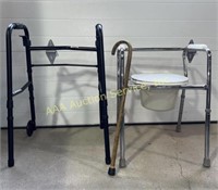 Equate bariatric walker & toilet chair. Wood cane