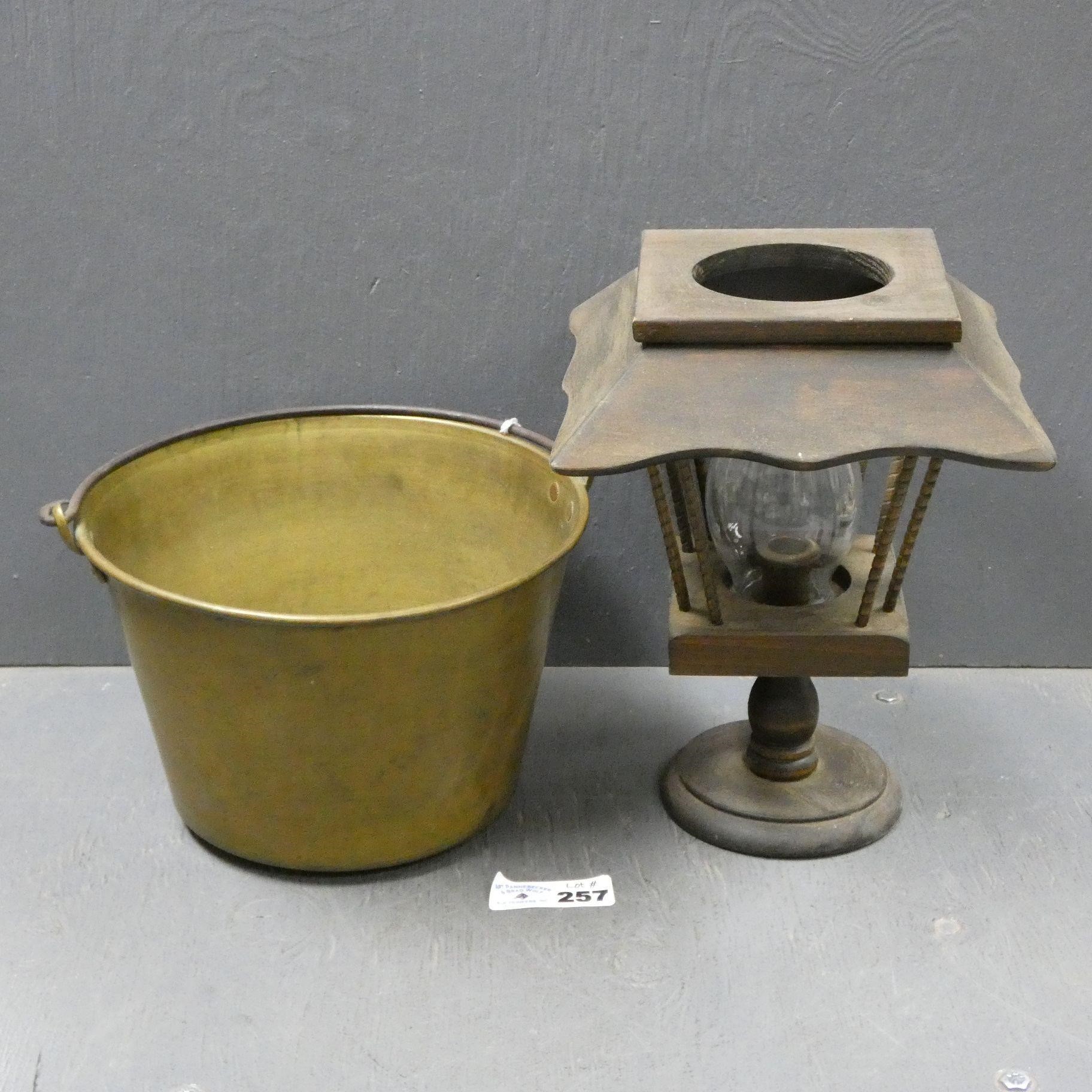 Early Brass Bucket & Wooden Candle Lantern