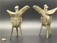 Pair Archaic Jue Ritual Wine Vessels