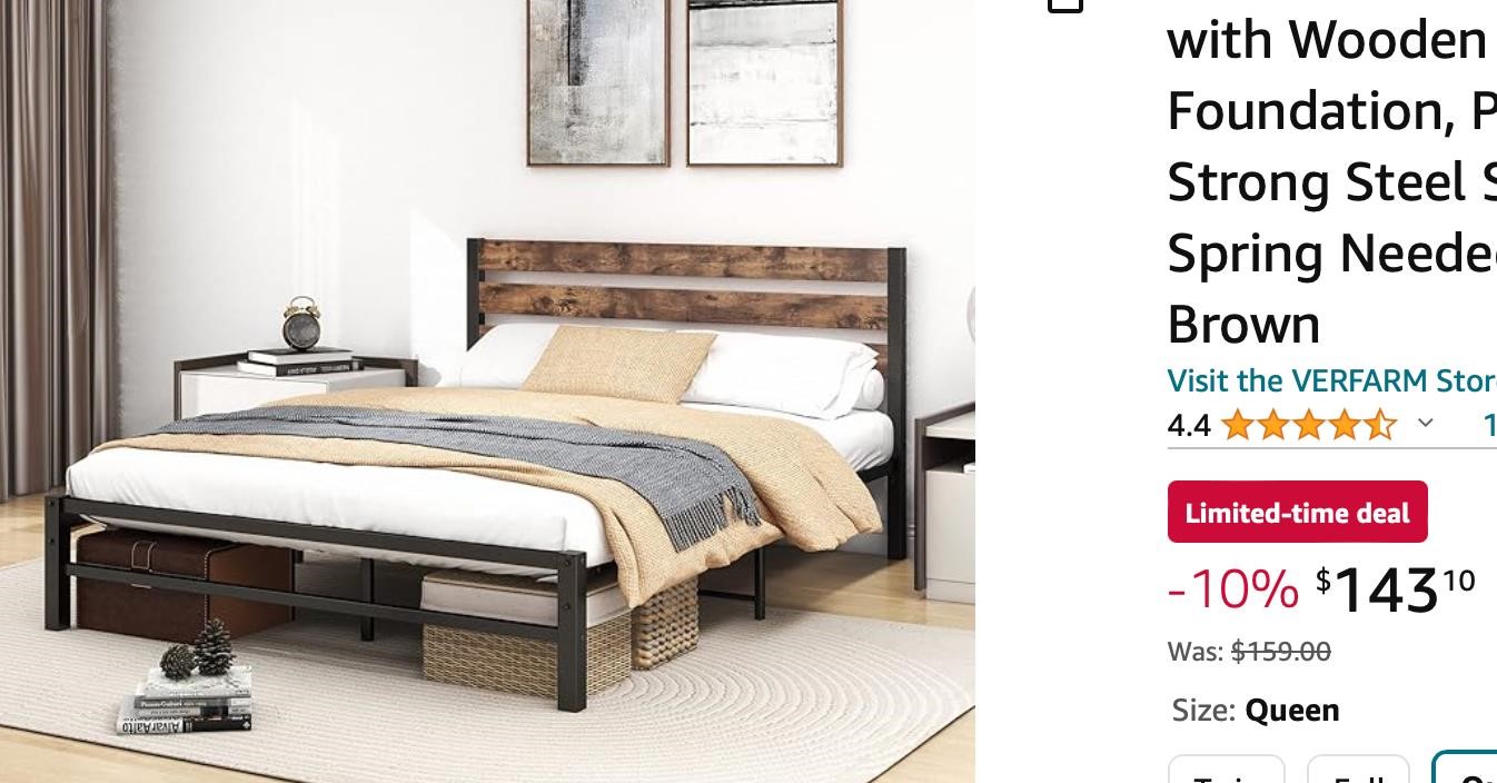 VERFARM Queen Metal Bed Frame with Wooden