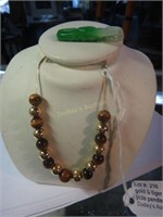 Gold & Tiger Eye Bead Necklace & Carved Jade