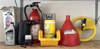 fire extinguishers, oil funnels, garage