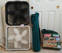 T - LOT OF 2 BOX FANS, CAMP CHAIR & AIR BED (C22)