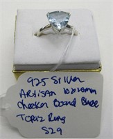 .925 Artisan 10 x 10 mm Check Bird Blue Topaz Ring