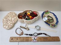 Trinket Trays & Vintage Jewelry:  Watches, etc..