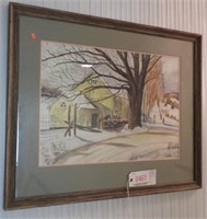 Framed original watercolor of winter barn scene