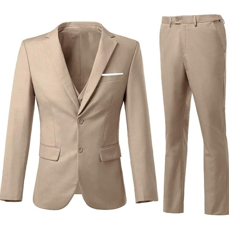 (M - brown) Men's 3 Piece Slim Fit Suit Set, Two