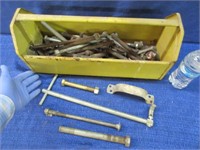 old yellow metal tray & long bolts & misc hardware