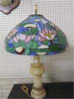ANTIQUE ALABASTER LAMP WITH STAINED GLASS SHADE