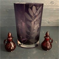 Etched Glass Vase, Oil & Vinegar Decanters