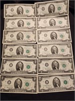 12 two Dollar Federal Reserve Note 1976 Series.