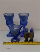 Blue Fostoria and blue Avon crystal point shakers