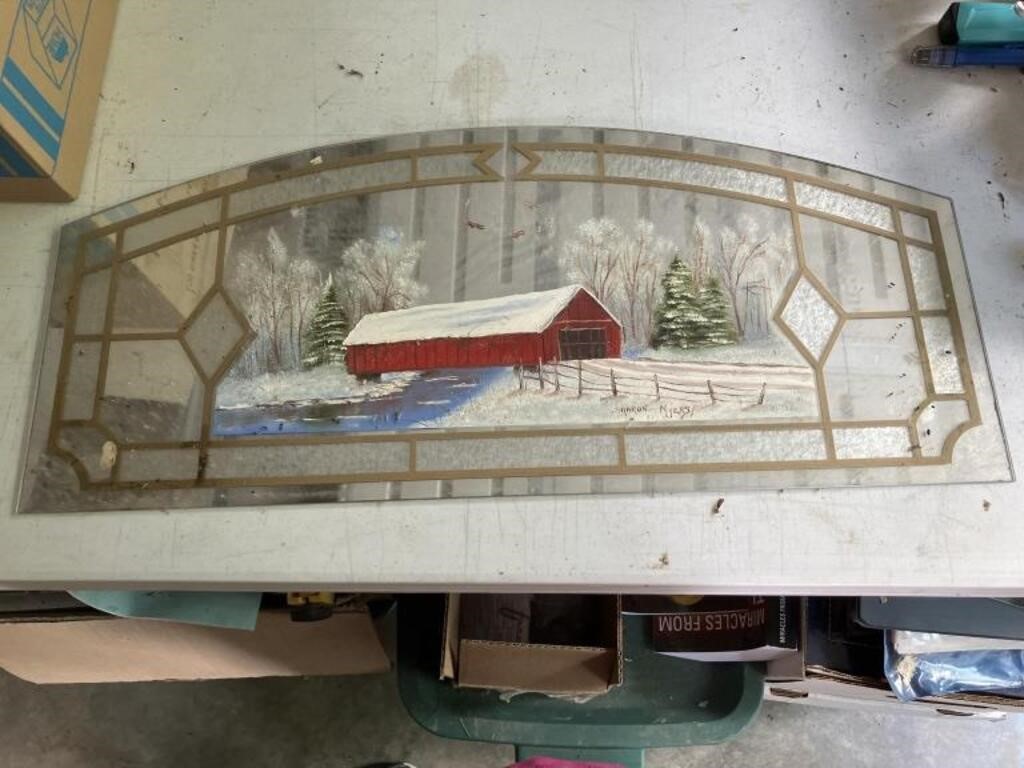 Painted Covered bridge on mirror, painted saw,