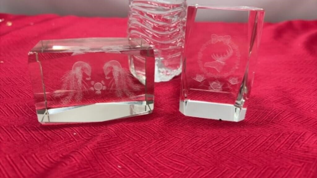 2-Vintage 3D Laser Etched Crystal Block Christmas