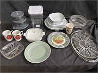Lot of assorted kitchen storage, glass trays, and