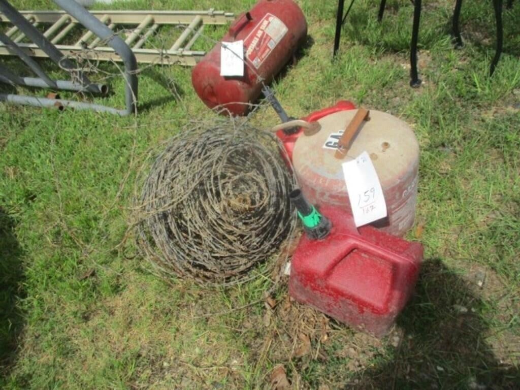 159) 3 gas cans & barbed wire