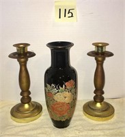 Beautiful Vase with Wood and brass candle holders