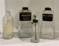 Vintage glass bottles includes two Windex, the