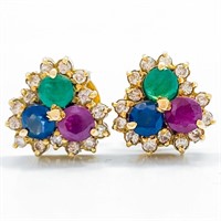 Emerald, Sapphire, Ruby & Diamond Gold Earrings