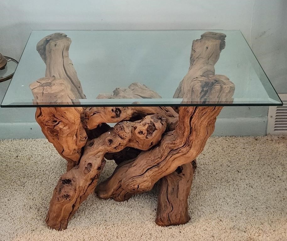 Square Glass Top Driftwood Base Table